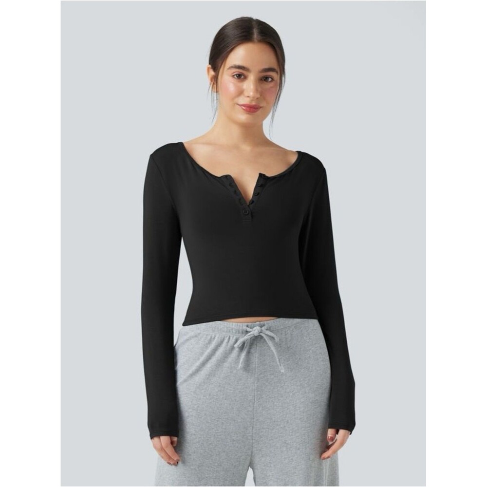 HALARA Black Henley Neck Long Sleeve Lounge Top